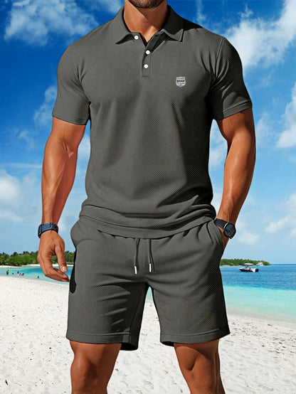 2025 Men's casual sports mesh set, summer T-shirt fashionable, comfortable and breathable lapel beach two-piece set