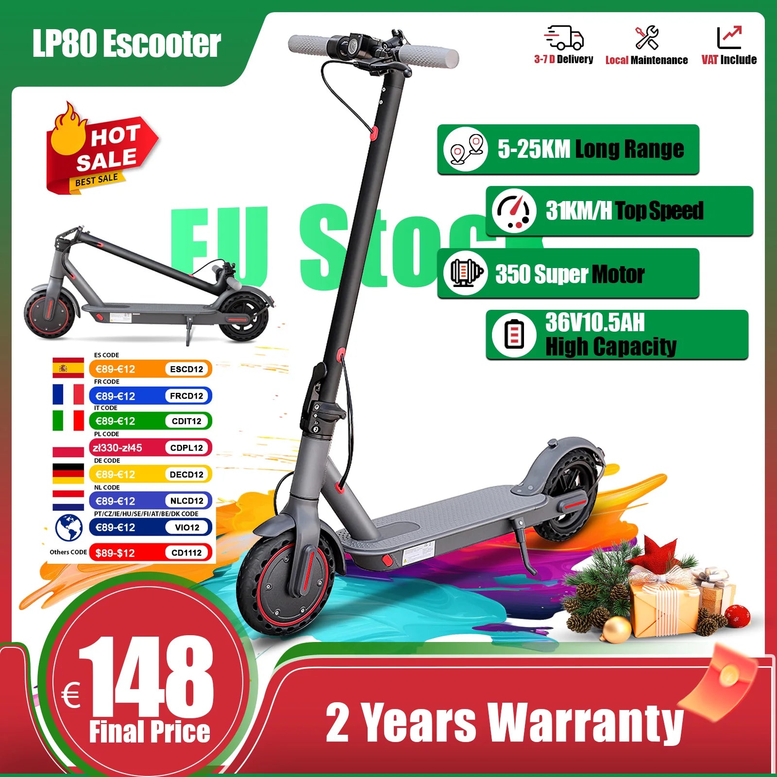 LP80 350W Electric Scooter with Dual Brake 8.5" Anti-skip Tire 25KM Max Range Smart App Electric Scooter 31KM/H 36V10.5A Battery.