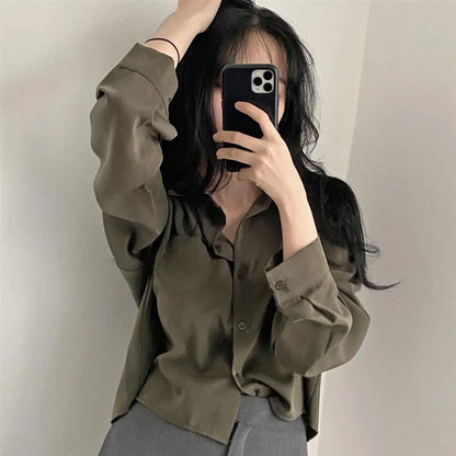Long Sleeved Shirt And Blouse Simple Single Breasted Loose Casual Solid OL Trend Short Top Simple Elegant Fashion Women Clothes.