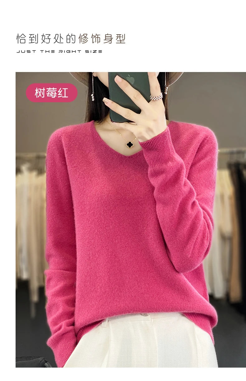 Women 100% Merino Wool Sweater V-Neck Basic Pullover Autumn Winter Cashmere Clothing Long Sleeve Soft Knitwear Tops Solid Color
