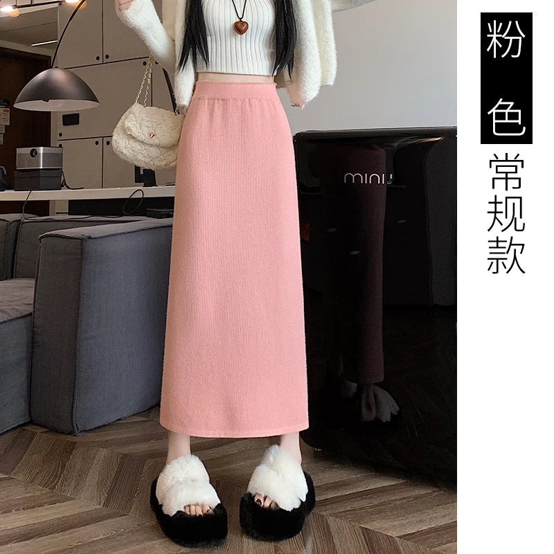 2025 New Thick Knit Midi Skirt High Waisted Straight Hem Bodycon Pencil Skirts for Petite Women Cozy Fall Winter Fashion