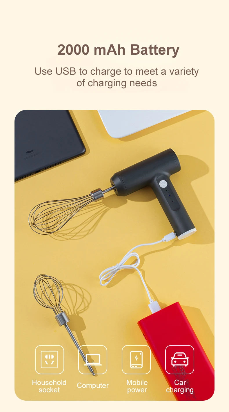 Electric Food Mixer Handheld 3 Gear Cake Cream Mixer Wireless Rechargeable Food Blender Egg Beater Whisk Tool Milk Frother.