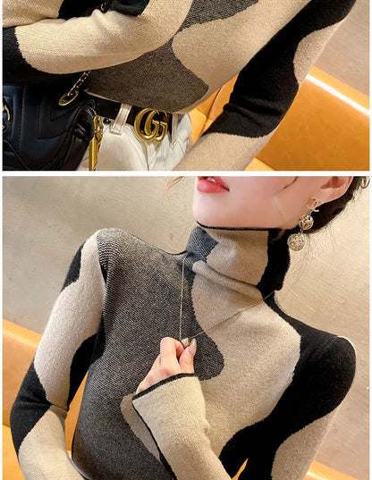 Women Clothing Vintage Fashion Slim Turtleneck Sweaters Autumn Winter Elegant Chic Patchwork Knit Pullovers Office Lady Tops.