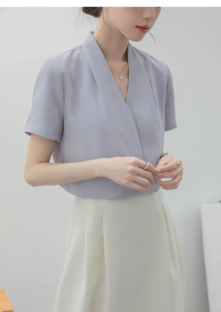 2025 Fashion Summer Short Sleeve V-Neck Women Blouse White Blouse Shirt Women Tops Blouses Shirts Blusas Para Mujer Camisas XL86.