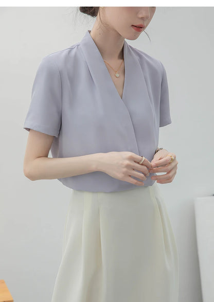 2025 Fashion Summer Short Sleeve V-Neck Women Blouse White Blouse Shirt Women Tops Blouses Shirts Blusas Para Mujer Camisas XL86.