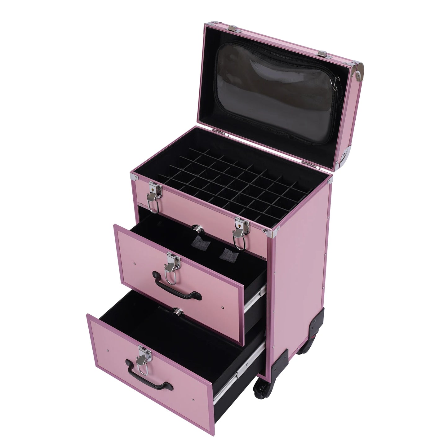 3 in 1 Rolling Makeup Case with Drawer, Large Makeup Case Organizers, Profesional Cosmetic Case for Salon Barber, Light Pink