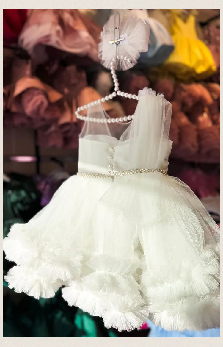 Formales Kleid für Kinder2025Neues weißes ärmelloses Prinzessinnenkleid im europäischen und amerikanischen Stil für Performance-Kostüme für kleine Mädchen