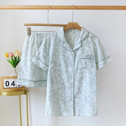 Japanische einfache kurze Pyjamas Frauen 100 % Baumwolle kurze Ärmel Damen Pyjama Sets Shorts süße Cartoon Nachtwäsche Frauen Homewear