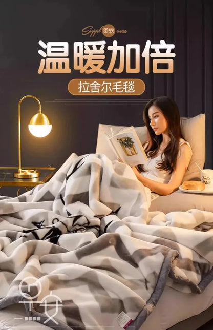 Modern Geometric Cartoon Printed Bedroom Blanket Coral Fleece Dormitory Quilt Thicking Double Layer Multi Purpose Bedding Sheets.