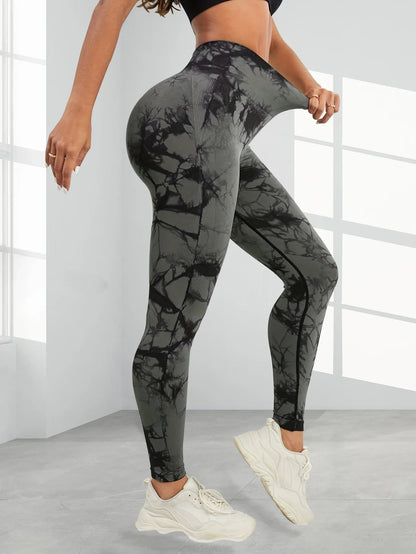 Women's tie-dye high-waist yoga sweatpants tummy control high-elastic fitness running sports leggings sportswear.