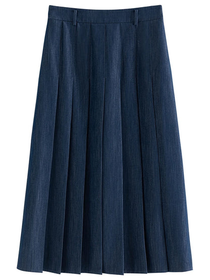 FSLE 2025 New Arrival Women Zipper Waist Office Lady Elegant Grey Skirt Pleated Design Navy Blue Color Long Skirt Daily Outfits