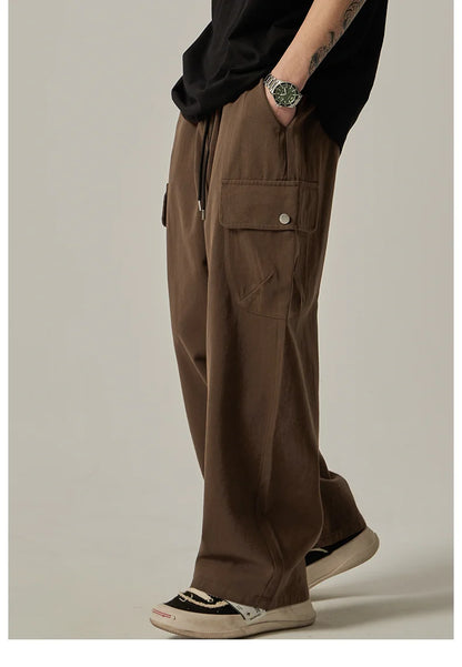 Men's Sweatpants 2025 Spring Autumn Vintage Japanese Wide Leg Straight Loose Button Big Pockets Cargo Pants Drawstring Trousers.