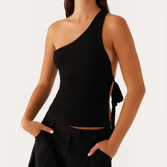 Women Summer One Shoulder Tank Tops Y2K Vintage Sleeveless Backless Tie-up Side Vest Coquette Aesthetic Crop Top Streetwear.