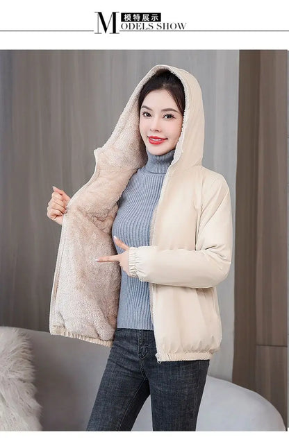 Women's Fleece Coat Winter Warm Thicken Solid Windbreaker Hooded Cotton Plush Hooded Jackets Casual Outdoor Windproof Jacket.