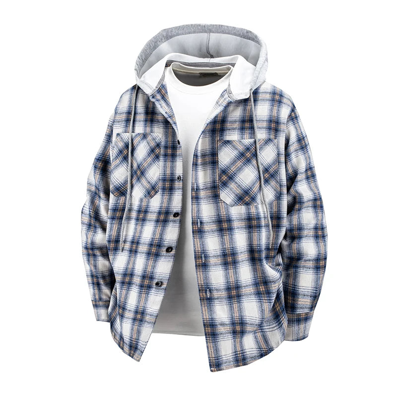 Hooded men's and women's wearable plaid shirts, Japanese shirt jackets for spring and fall, loose-fitting long-sleeve jackets..