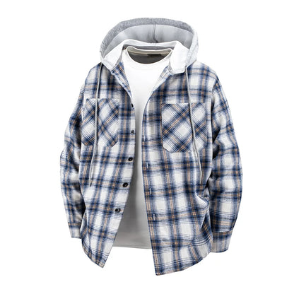 Hooded men's and women's wearable plaid shirts, Japanese shirt jackets for spring and fall, loose-fitting long-sleeve jackets..