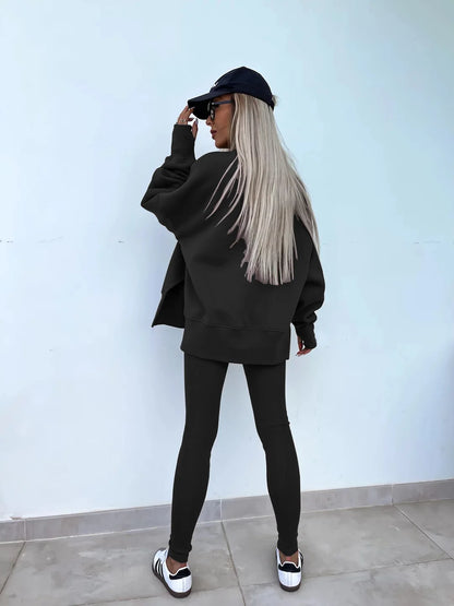 Women Pant Sets Two Pieces Tracksuit Solid Loose Sweatshirts Split Pullover Pencil Pants High Street Autumn Winter 2024