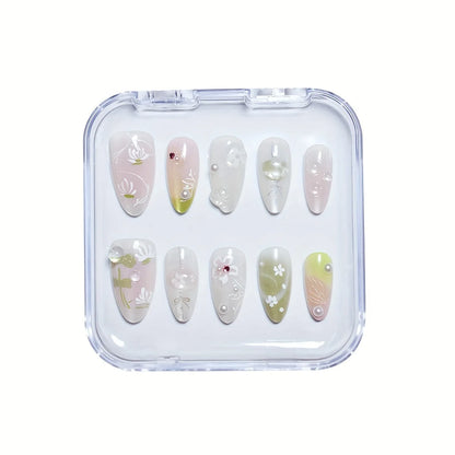 10pcs Handmade Press on Nails Cartoon Shark Pattern Design Fake Nails Wearable Detachable Ins Simple Almond Shaped False Nails.