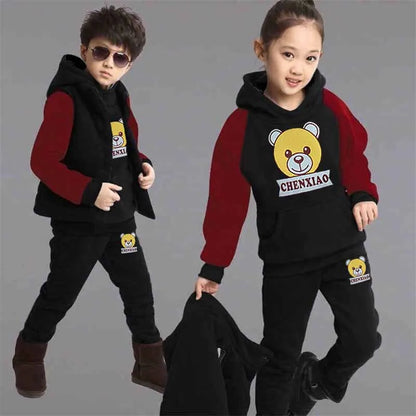 2024 Boys Padded Warm Set Children's Hooded Cartoon Solid Colour 3 Pcs Autumn Winter New Girls Sweatshirt Cute Casual Suit 4-12Y