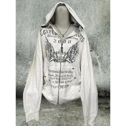 Korean Fashion Sweatshirts Harajuku Gothic Printed Coats Jackets Subculture Vintage Faux Fur Hooded Women Casual Y2k Clothing.