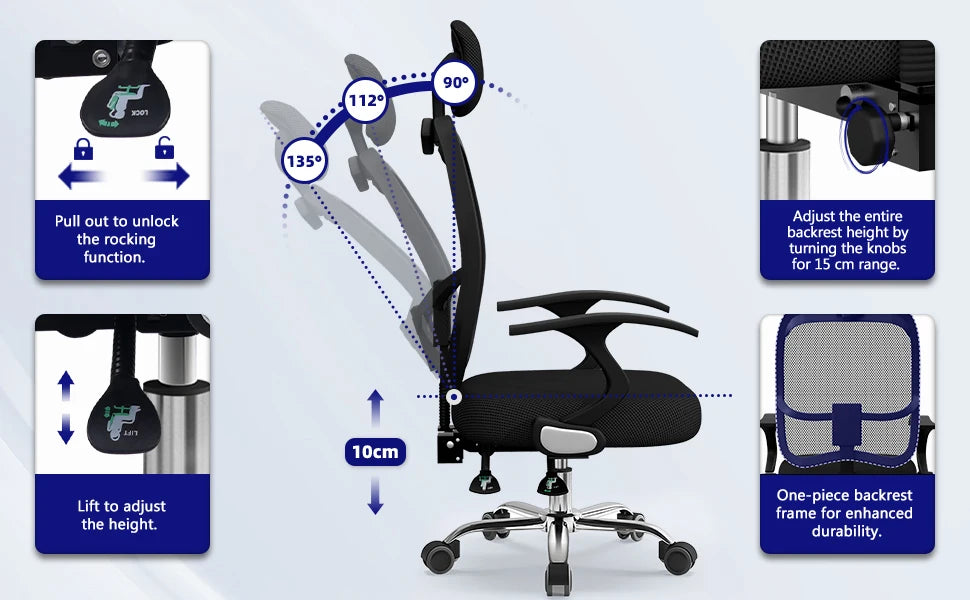 Daccormax Ergonomischer Bürostuhl, Mehrpunktstütze, verstellbare, atmungsaktive Netzrückenlehne, drehbarer Computer-Schreibtischstuhl mit Kopfstütze