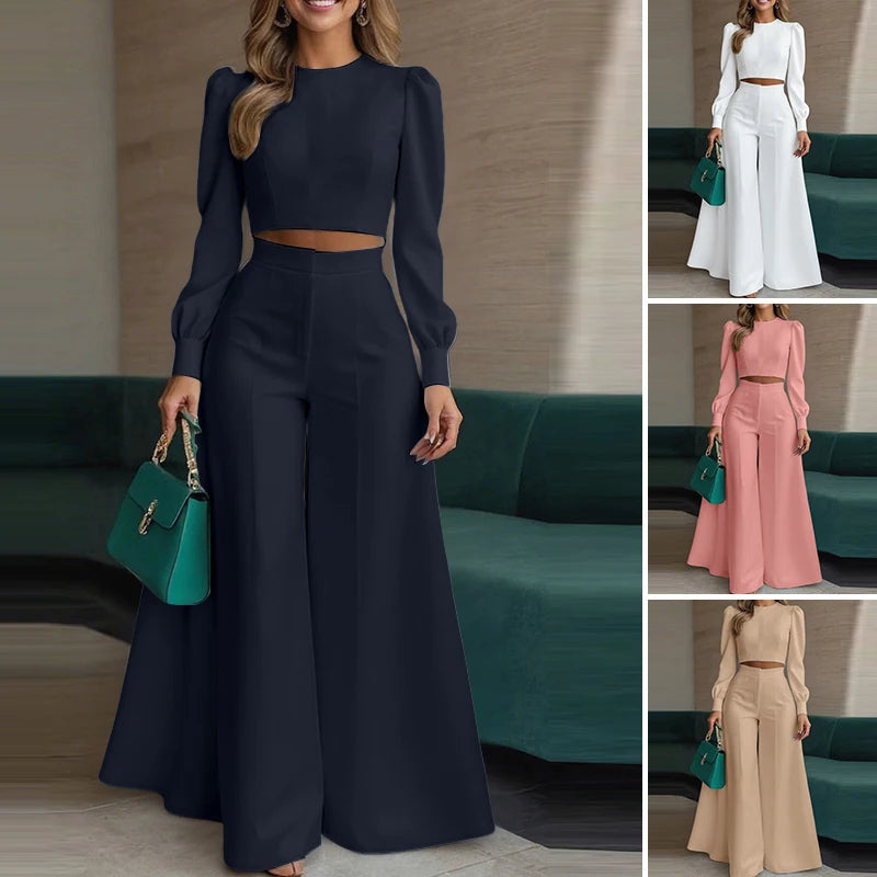 2025 ZANZEA Autumn Pant Sets 2PCS Women Outfits Long Sleeve Cropped Tops Wide Leg Trousers Solid Tracksuits Suit Matching Sets.