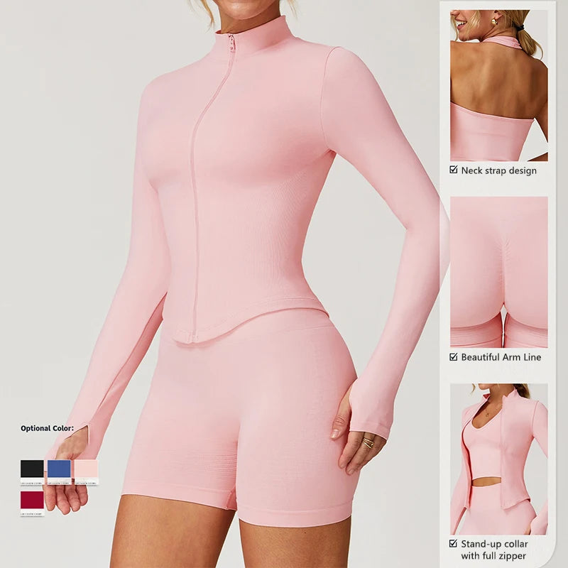 Ctenkevet Women Slim High Neck Jacket Sports Suit Female Two Piece Yoga Clothes Sport Outfit For Woman Buttock Lift Sports Suit.