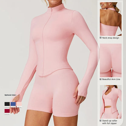 Ctenkevet Women Slim High Neck Jacket Sports Suit Female Two Piece Yoga Clothes Sport Outfit For Woman Buttock Lift Sports Suit.