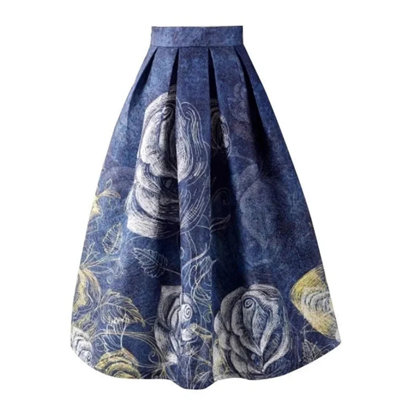 Blue Painting Vintage High Waist Ball Gown A-line Loose Women's Skirt Knee-Length Long Skirts For Women Clothing Fashion 2025.