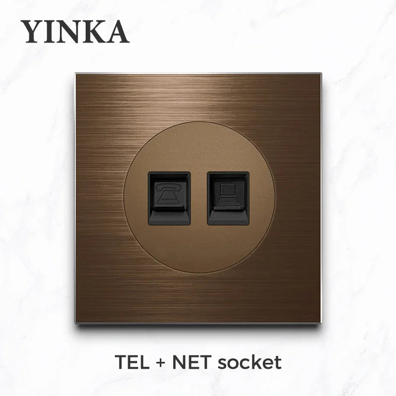 YINKA Schaltersteckdose, Aluminium, gebürstetes braunes Panel mit LED-Anzeige, EU-Steckdose, Schalttafel, elektrischer Lichtschalter, AC110–250 V, NET