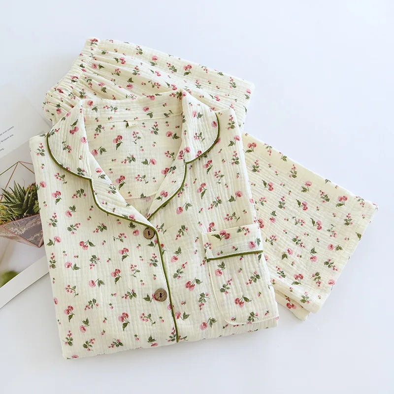 2025 Spring and Autumn Women's Pajama Set 100% Cotton Crepe Long sleeved Pants Two piece Cute and Sweet Home Fury Set Ladies