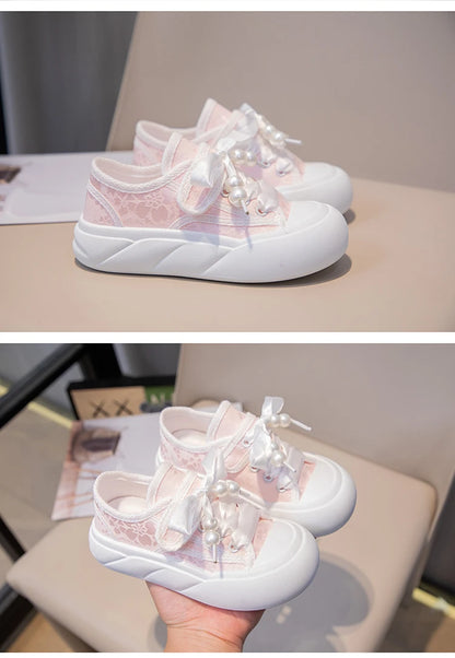 Children’s Casual Sneakers for Girls 2025 Autumn New Toddler Canvas Shoes with Shiny Bow Non-slip Breathable Kid Cotton Sneakers.