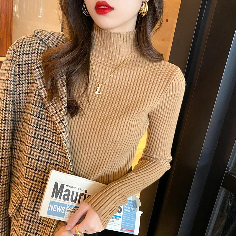 Winter Langarm Mock Neck Gestrickte Frauen Pullover Pullover Schlank Stricken Pullover Frauen Tops Blusas Mujer De Moda 2024 Blusa J995