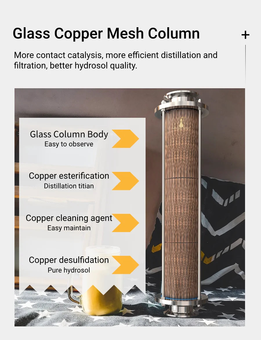HOOLOO CT Distiller Electric Hydrolat Essential Oil Still Moonshine Still Copper lid Glass Copper Mesh Column Home Fragrance.