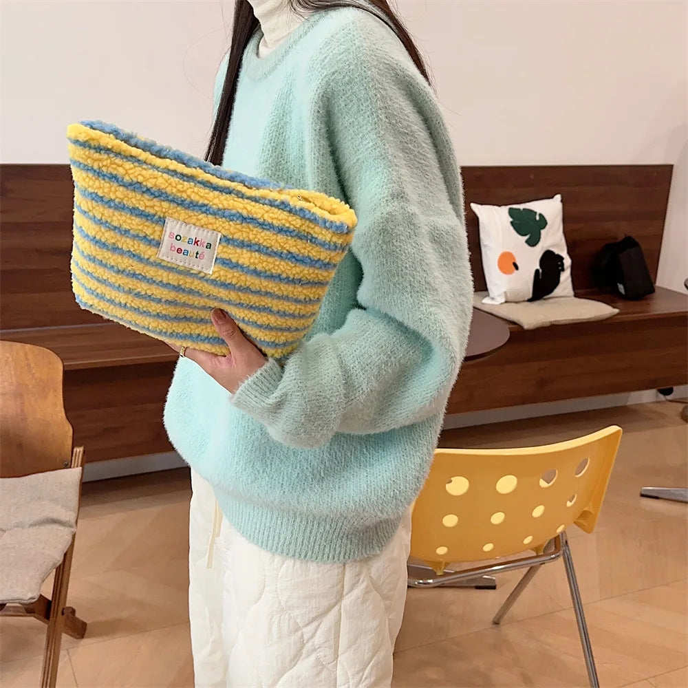 New Colorful Striped Dot Plush Clutch Cosmetic Bag Large Capacity Makeup Pouch Toiletries Bag Travel Outdoor Makeup Storage
