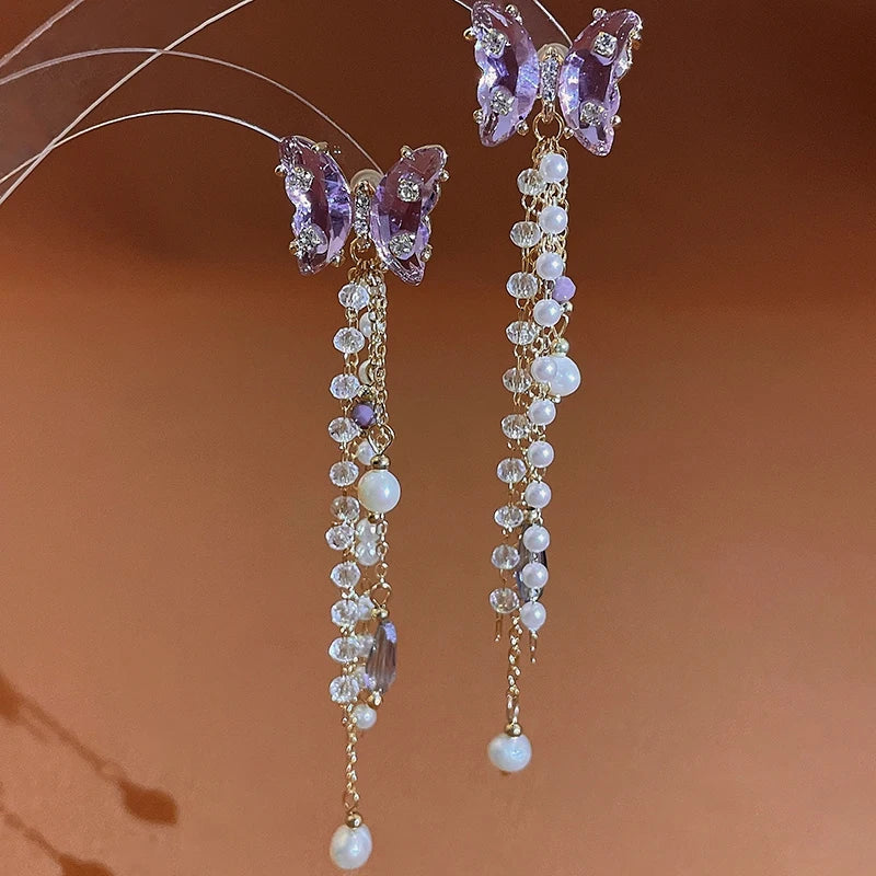 Pink Butterfly Earrings With Long Tassel Sparkly Zircon Crystal Imitation Pearl Beads Earrings Light Luxury Party Ear Jewelry