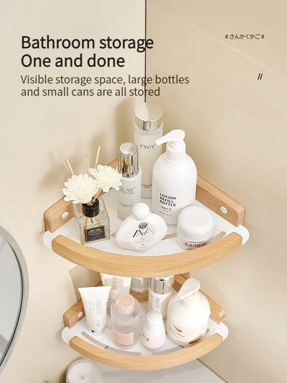 Badezimmer-Aufbewahrungsregal aus Holz und Aluminium, Aufbewahrungsregal für Badezimmer, perforationsfrei, Wandbehang, Waschtisch, WC, dreieckiges Eckregal