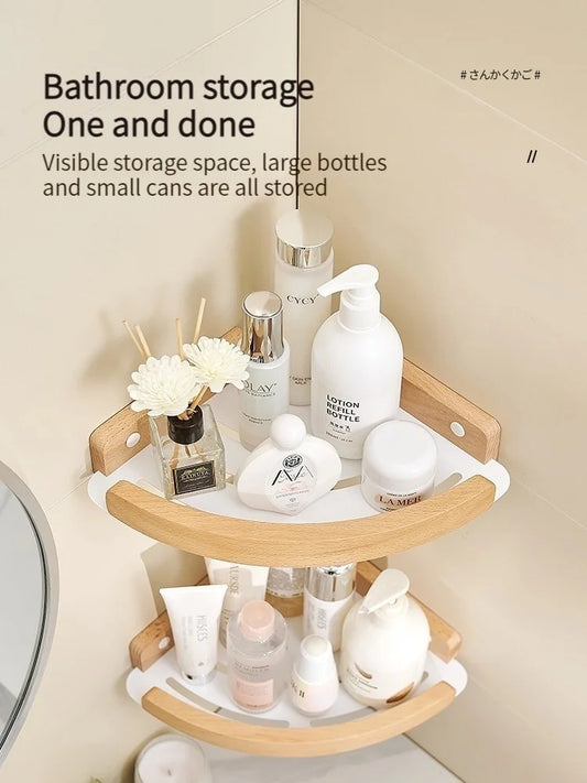 Badezimmer-Aufbewahrungsregal aus Holz und Aluminium, Aufbewahrungsregal für Badezimmer, perforationsfrei, Wandbehang, Waschtisch, WC, dreieckiges Eckregal