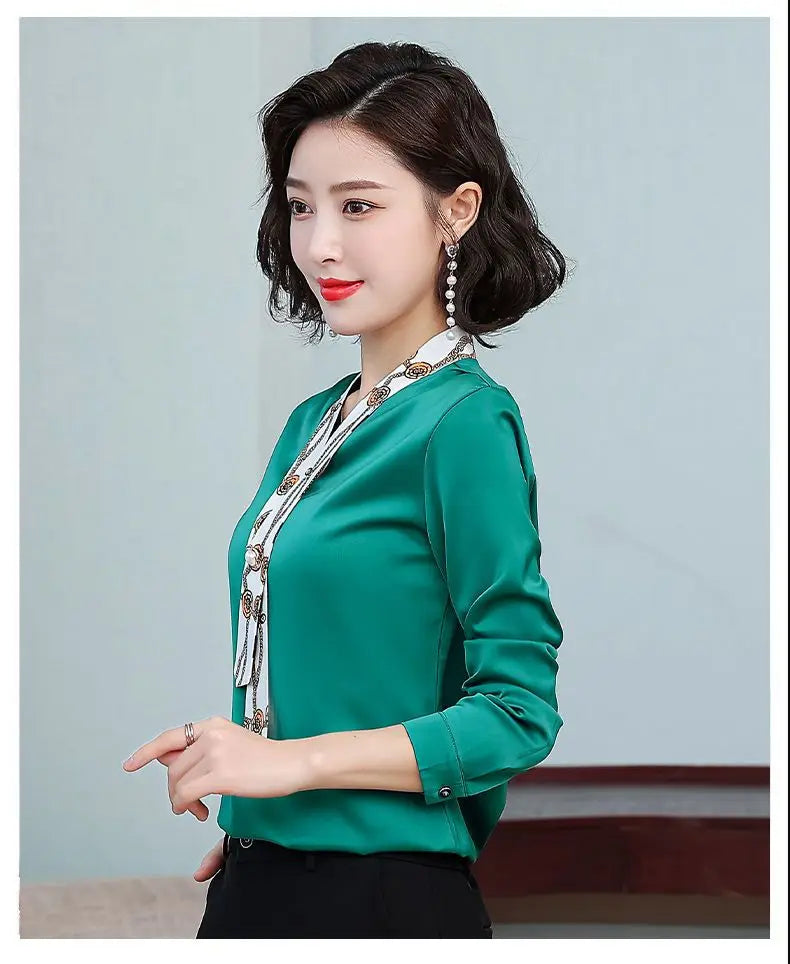 Women's fashionable streamer tops fashionable and elegant small fragrance style covering the belly satin shirt.