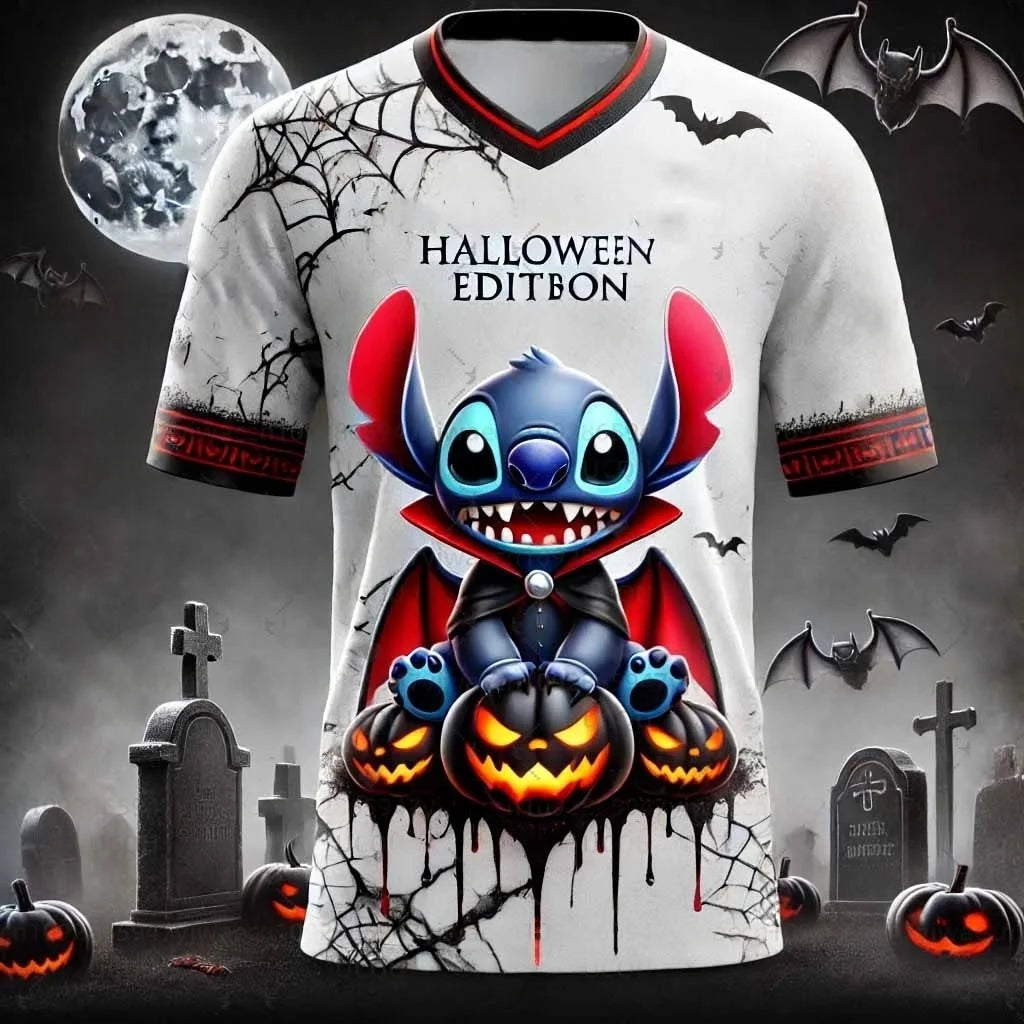 Disney Women's Men's Sports Jersey Halloween Stitch Print Short Sleeve Summer Graphic Tee Children Cartoon Size Sport T-Shirt.