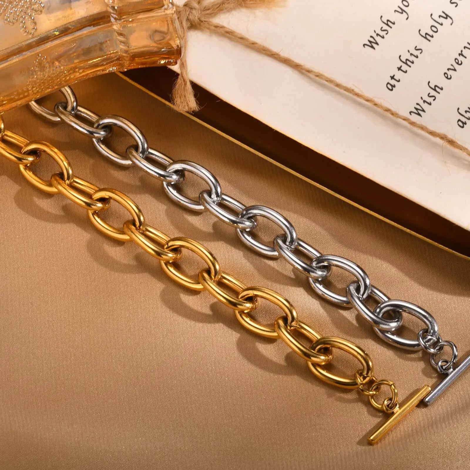 Chunky Bold Toggle Bracelets for Women, Stainless Steel OT Buckle Link Chain Bracelet Gold Plated Tarnish Free.