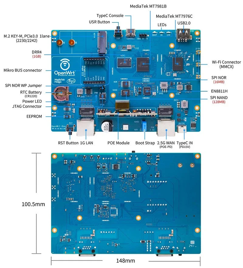 Banana Pi OpenWrt One MediaTek MT7981B 1GB DDR4 2.5GbE RJ45 and Gigabit Ethernet RJ45 256 MiB SPI NAND Open Source Smart Router.