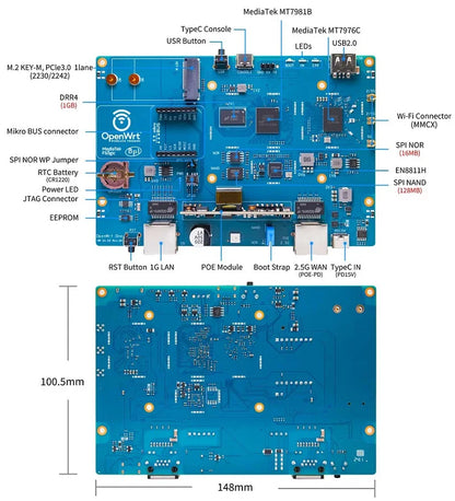 Banana Pi OpenWrt One MediaTek MT7981B 1GB DDR4 2.5GbE RJ45 and Gigabit Ethernet RJ45 256 MiB SPI NAND Open Source Smart Router.