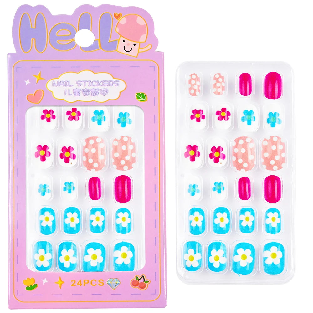 24Pcs/box Kids nails for Girl Cartoon Pattern False Nail Cute Child Fake Nails Tips Kawaii Acrylic Artificial Press on Nail+Tool