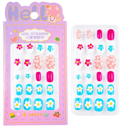 24Pcs/box Kids nails for Girl Cartoon Pattern False Nail Cute Child Fake Nails Tips Kawaii Acrylic Artificial Press on Nail+Tool