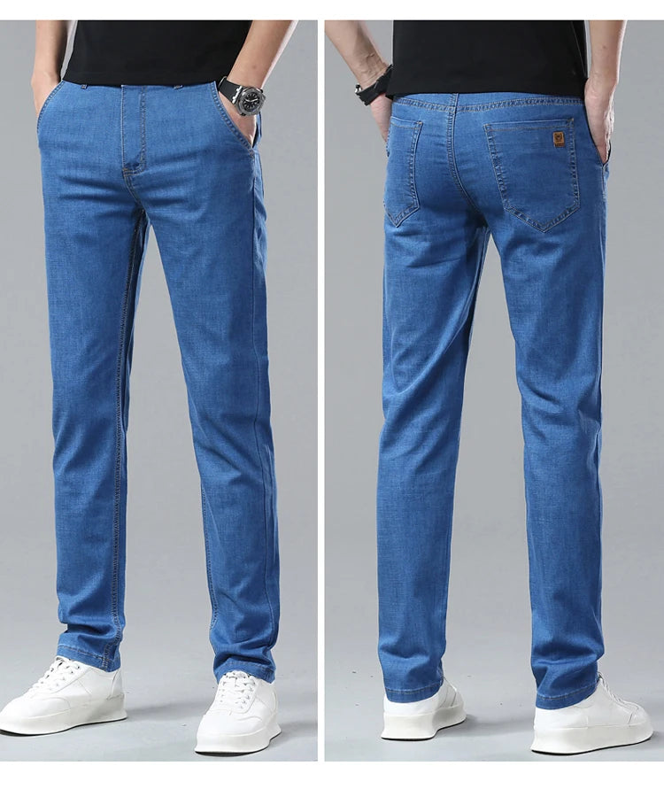 Men's Ice Silk Jeans Summer New Lyocell Thin Business Casual Denim Pants Classic All Match Slim Fit Straight Elastic Jean Male.