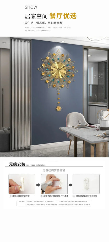 2024 heiß verkaufen Licht Luxus Eisen Kunst Atmosphäre High-End einfache Pfau Wanduhr Mode Wohnzimmer Uhr nach Hause Wandbehang