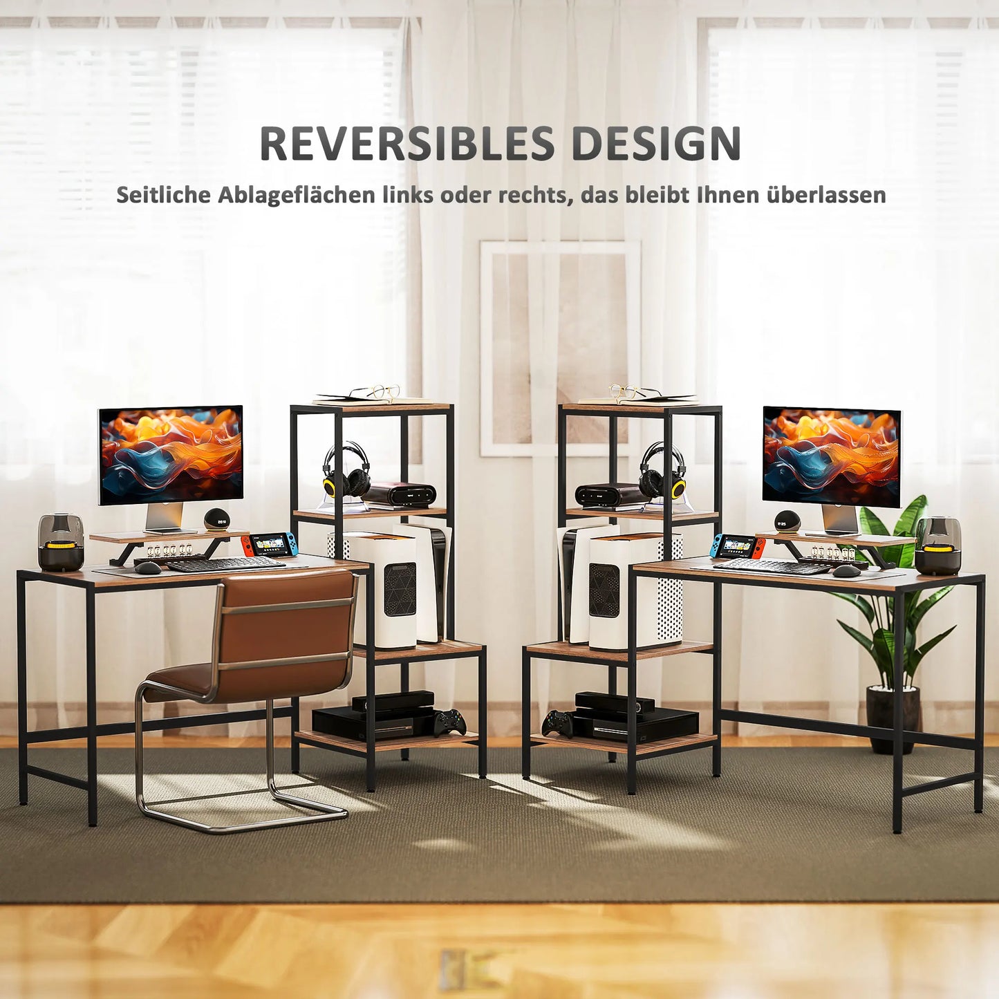 Schreibtisch Computertisch mit Monitorständer, CPU-Ständer, Bürotisch mit Druckerablage, PC-Tisch mit 4 Ablagen, 150 x 48 x 125 cm, Braun