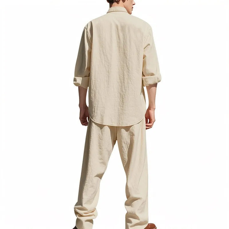 Long Sleeve Shirt Sets Mens Casual Linen 2Pcs Suit Lightweight Long Sleeve Shirt Loose Drawstring Trousers Casual Streetwear Set