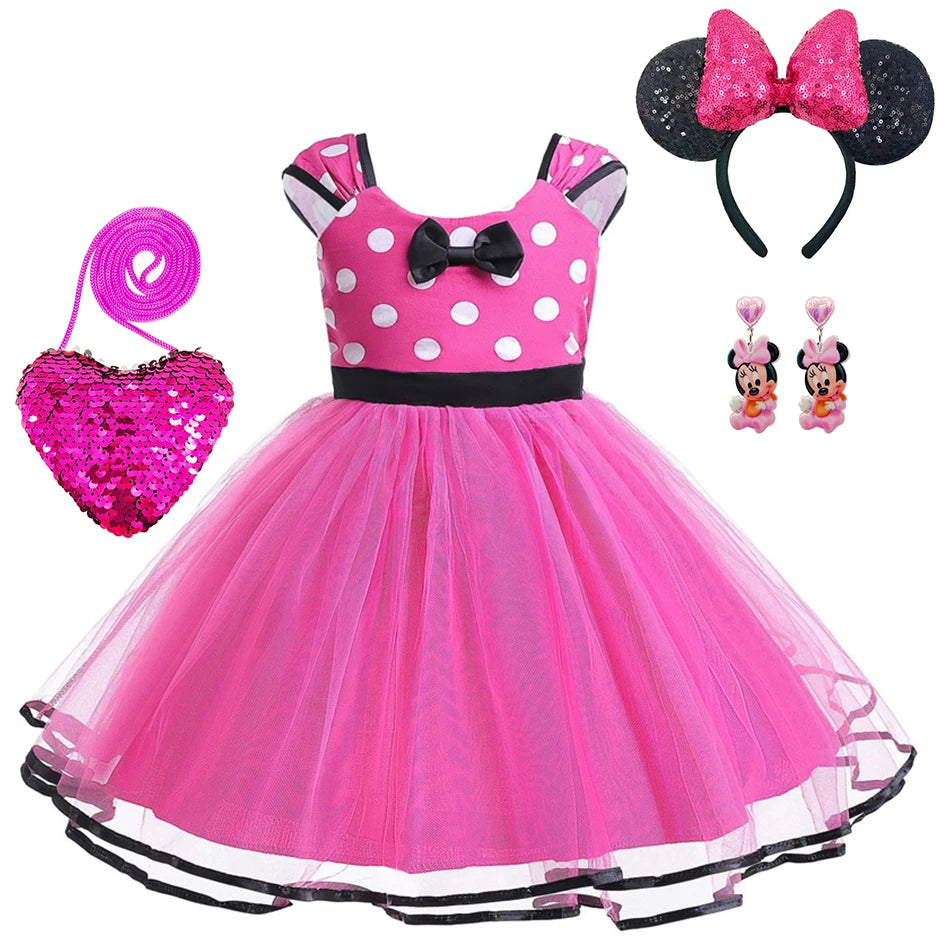 Disney Minnie Maus Polka Dot Kleid Mädchen Rosa Rot Sommer Kleidung Kinder Geburtstag Karneval Weihnachten Party Bogen Mesh Kleid Kostüme.